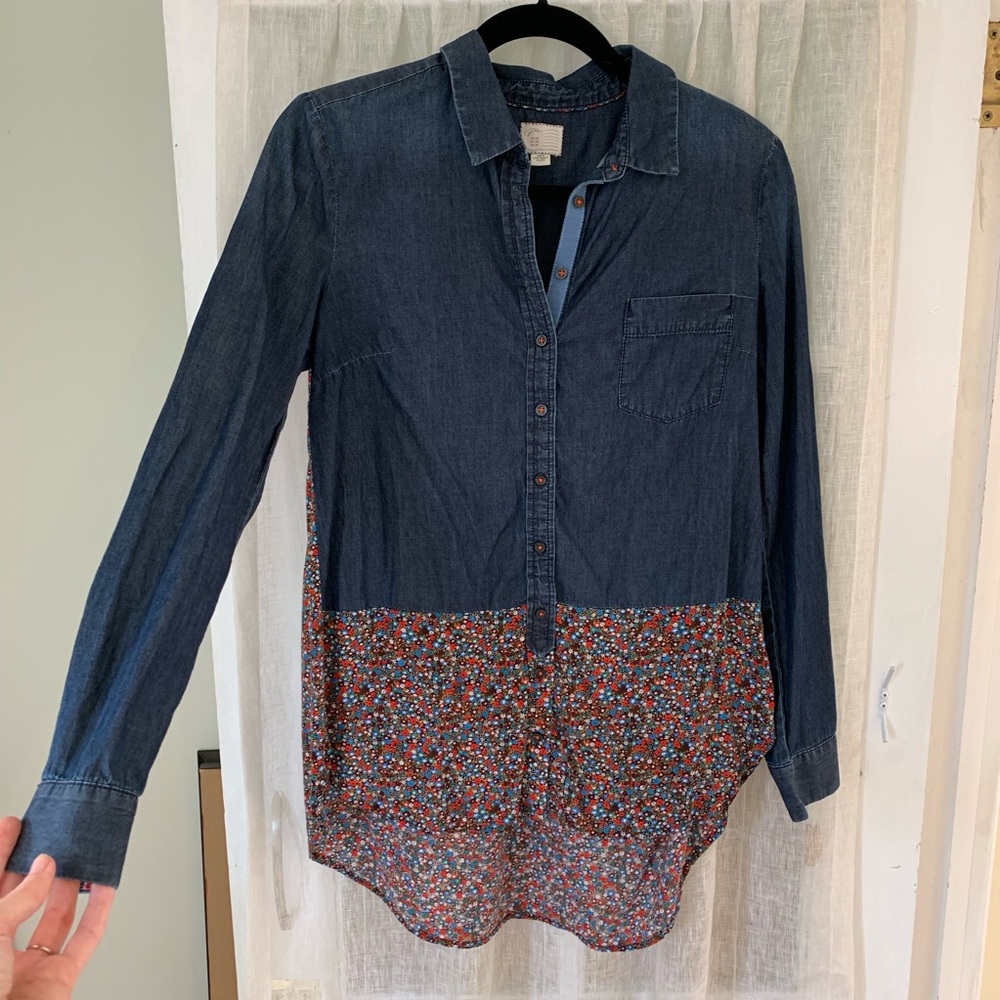 Anthropologie Denim High-Low print long-sleeve top
